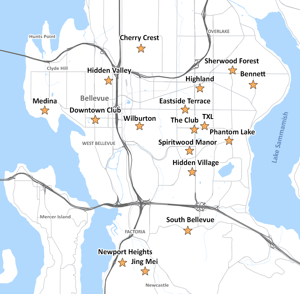 Map of Bellevue with BGCB's 15 sites